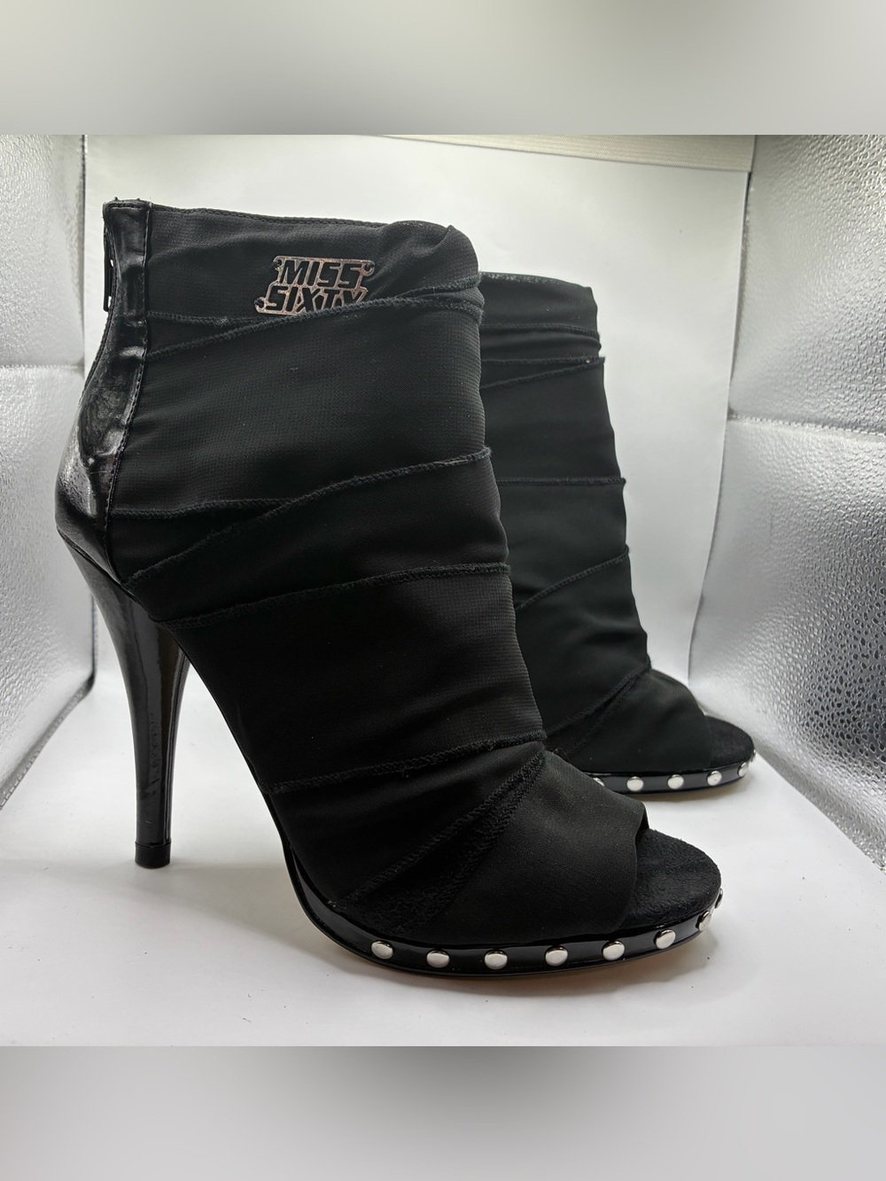 Miss Sixty Black Ruched Peep Toe Ankle Booties Studded Trim Stiletto Heel EU 37